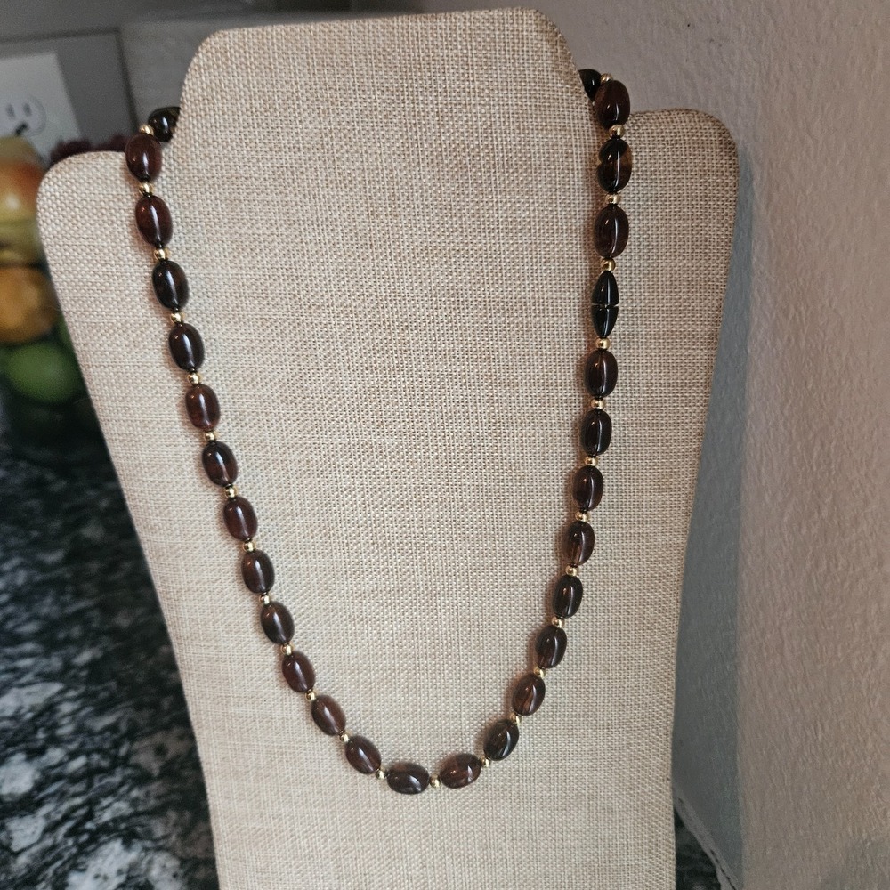 Vintage Beaded Necklace Brown and Round Gold‎ Tone Jewelry Costume